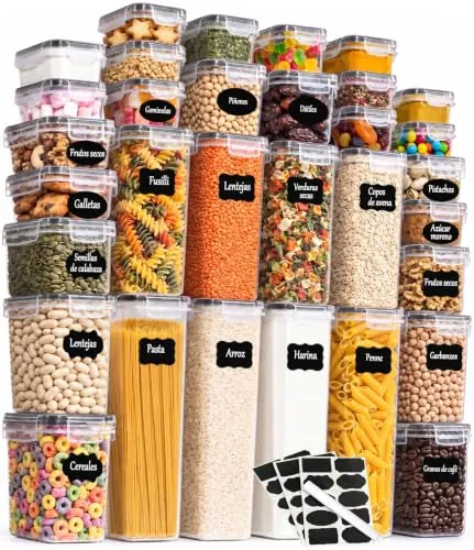GoMaihe Botes Cocina, Juego de 32 Piezas de Recipiente de Botes Cocina Almacenaje de Plástico de Alimentos Sellados con Tapa, Se Utiliza para Almacenar Cereales Arroz, Harina, Etc