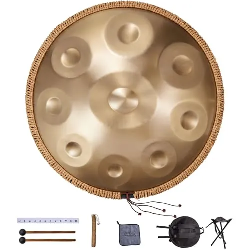 VEVOR Tambor de Mano 55 cm 9 Notas 432 Hz, Tambor Handpan en D Menor con Mazos, Instrumento de Percusión con Bolsa de Transporte para Yoga, Meditación, Educación Musical de Principiantes, Dorado