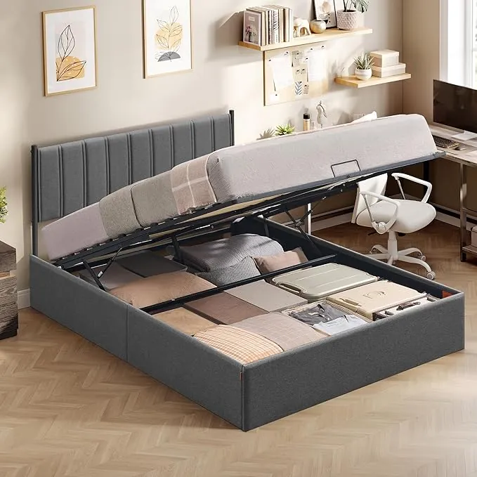 VASAGLE Estructura de Cama Plegable de 160 x 200 cm, para Debajo de la Cama, cabecero, Sistema hidráulico, Moderno, fácil Montaje, Color Gris Oscuro RMB615G02