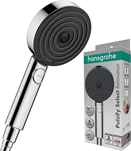 hansgrohe Pulsify Select S - ducha de mano, alcachofa de ducha con 3 tipos de chorro (versión Relaxation), cabezal de ducha redondo (⌀ 105 mm), con sistema antical, cromo, 24110000