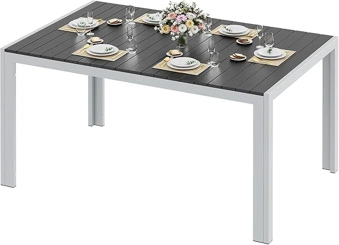 LIFERUN Mesa de jardín grande resistente a la intemperie, 140 x 90 x 75 cm, mesa de aluminio para terraza con tablero de WPC, mesa de comedor rectangular para 6 personas, estable jardín, terraza