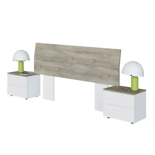 Habitdesign Cabezal y 2 Mesitas de Noche, Conjunto de Dormitorio de Matrimonio, Cama 135/150 cm, Estilo Nórdico, Color Blanco Artik y Roble Alaska, Modelo Dreams