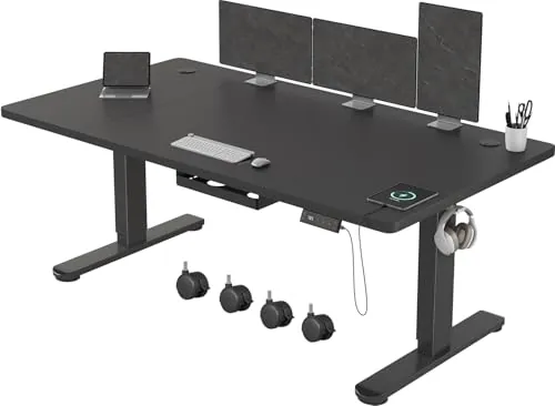 Devoko Escritorio Elevable 160x80cm con Tablero de 18 mm, Ruedas y Puerto Type-C, Escritorio Eléctrico, Regulable en Altura con Bandeja de Gestión de Cables (Negro)