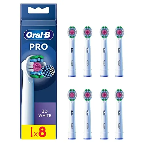 Oral-B 3D White Cabezales de Recambio Originales, Blanco, Pack de 8 | Recambios para Cepillo Eléctrico Oral B Pro, con Copa Pulidora para Eliminar Manchas Superficiales, Efecto Blanqueador