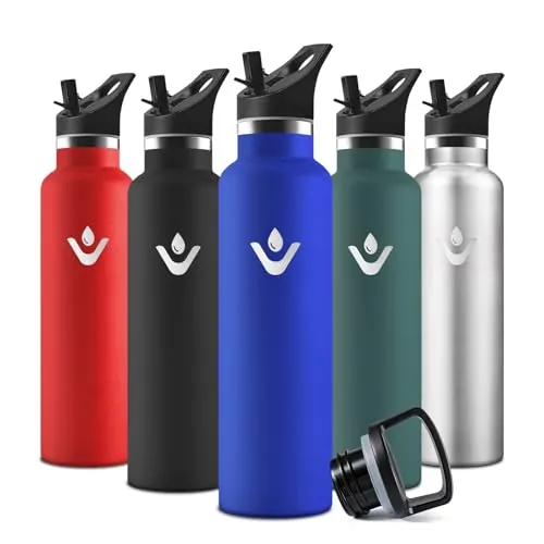 Motswedi Botella Agua acero Inoxidable, 750 ml Libre de BPA, Botella Termica, Con Pajita y 2 Tapas, Cantimplora, 18/8 Acero Inoxidable, Cantimplora Isotermica para Ufficio, Palestra - azul real
