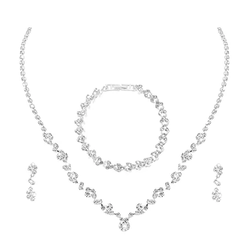 Yolev Conjunto de Joyería Boda Pendientes y Collar Mujer Collar de Cristal Diamantes Imitación Novia Collar Pulsera Colgante Pendientes Novia Baile Graduación Collares de Fiesta para Bodas Nupcial