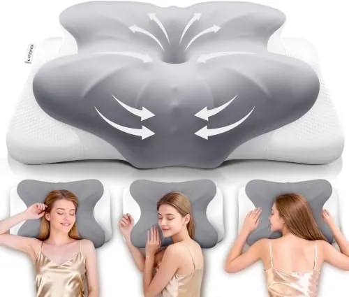 MOONYIN Almohada Cervical Ergonómica – Almohada Mariposa 2 Alturas, Gris | Cojin Cervical y Almohada de Viaje, Almohada Cervicales y Cuello para Dormir de Lado, Boca Arriba o Boca Abajo, Funda Fresca
