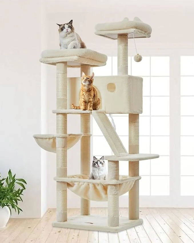 TaoqimiaoRascador para Gatos Grandes, 146CM Estable Arbol Rascador para Gatos com Cuevas, Cesta, Hamaca, Postes, MS026M Beige