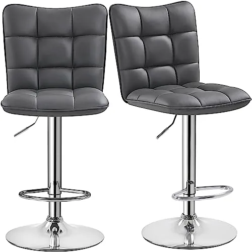 Yaheetech Juego de 2 Taburetes de Bar Taburetes Altos con Respaldo Regulable en Altura y Giratorio 360°, Estructura Metal y Reposapiés, Gris