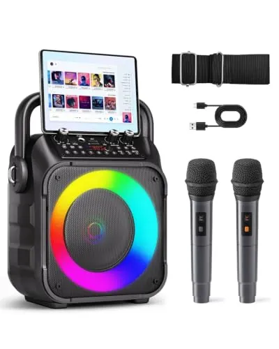 Singingmate Karaoke, Altavoz Bluetooth Portátil para Adultos con 2 Micrófonos Inalámbricos, Sistema PA para Adultos y Niños con Luces LED para Fiestas (Negro)