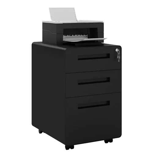 WOLTU Armario Archivador, Cajonera Escritoria Móvil con Ruedas, Gabinete de Oficina con 3 Cajones y Cerradura Mueble Archivador Colgante Carpeta de Gran Capacidad para Carta y Papel A4, Negro ASK04sz