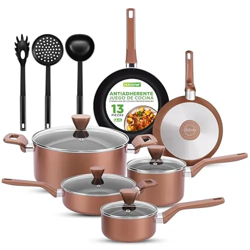 Nutrichef Juego de Ollas y Sartenes, 13 piezas, Tapas Antiadherentes, Resistentes al calor, Incluye Cucharon, Tenedor y Colador