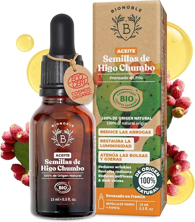 BIONOBLE Aceite de Semillas de Higo Chumbo Orgánico, 100% Puro, Prensado en Frío, Sin Hexano - Antiarrugas, Reduce Ojeras y Bolsas - Aceite de Higo Chumbo Rostro - Botella de Vidrio con Pipeta - 15ml
