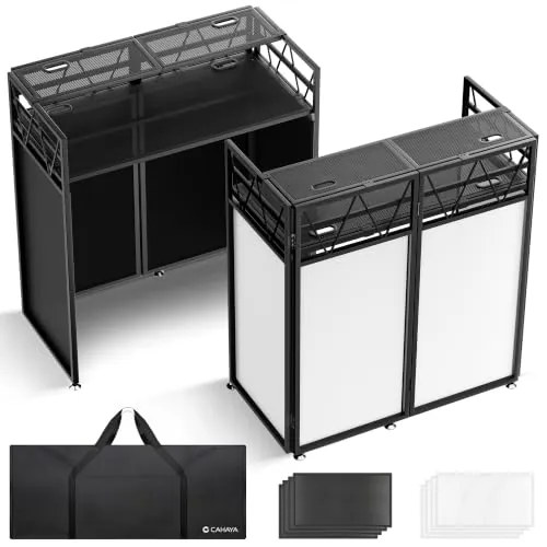 CAHAYA DJ Booth Stand - Mesa plegable para DJ con doble estante para ordenador portátil y controlador, altura regulable, scrims negro/blanco, bolsa de transporte, aberturas para cables, 103,5 x 50 cm