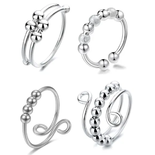 XENQITO 4 Piezas Anillo Antiestres Mujer,Anillos De Ansiedad,Acero Inoxidable Anillo Giratorio Con Perlas,Abierto Anillos Ajustables Apilables,Fidget Anillo Ansiedad,Regalo Joyería Para Mujere Niñas