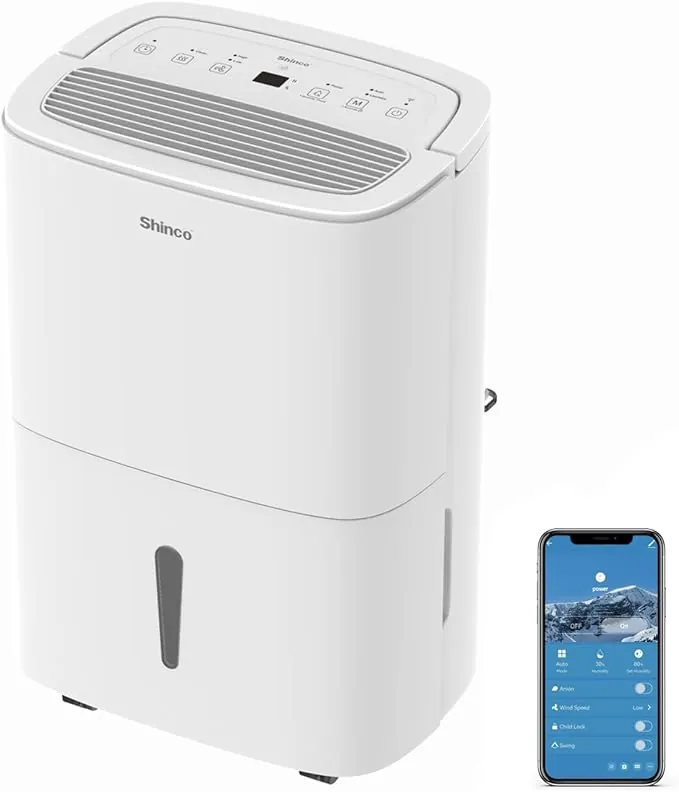 SHINCO WIFI Deshumidificador Portátil 50L/Día con Bomba Elevadora, Purificador de Aire, Filtro de Carbón Activado, Temporizador de 24 Horas, Drenaje Continuo, Función de Secadora, Blanco