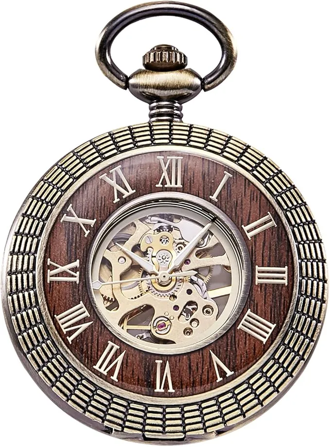 TREEWETO Reloj de bolsillo de madera unisex con cadena, analógico, cuerda manual, esqueleto con números romanos (Holz066), Bronce066, Clásico