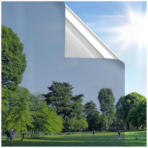 rabbitgoo Vinilos Espejo para Ventanas Privacidad, Lamina Solar Ventana Anti UV Anti Calor, Vinilos para Cristales Estatico, Removible Reutilizable, para Hogar Oficina Tienda, 44.5x200cm, Plata