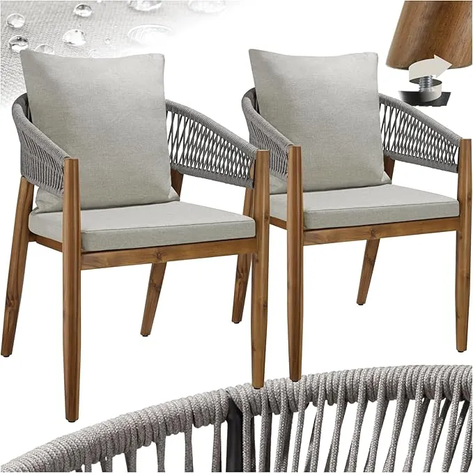 tectake® Silla de Jardín Elegante de Madera Acacia, Respaldo de Cuerda, Sillas Jardin Exterior, Cojines Desmontables, Muebles Terraza Exterior, Silla con Reposabrazos Cómoda - Set de 2 Beige Grisáceo