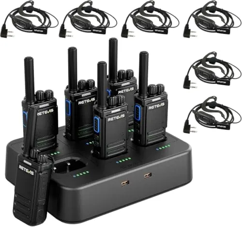 Retevis B64 Walkie-talkies, Cargador de 6 Vías, Radio Bidireccional con Cancelación de Ruido IA Bilateral, Auriculares Profesionales Resistentes y Listos para Usar, para Bares (Negro, Paquete de 6)