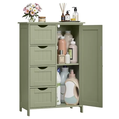 VASAGLE Armario de baño Estrecho con 4 cajones, Estante Ajustable, 30 x 55 x 82 cm, Color Verde Bosque LHC041C02