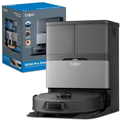 Tapo Robot Aspirador RV50 Pro Omni – 15.000 Pa, Navegación Láser Dual, Autovaciado, Cepillos Antienredo para Mascotas, Limpieza de Bordes, Estación Todo-en-Uno con Depósito de Agua 5L (Negro Oscuro)