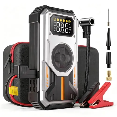 Eigotrav Arrancador de Baterias de Coche 6000A, Compresor de Aire 150 PSI, 7-en-1 Booster Bateria 12V (para 10 L Gasolina o 8.5 L Diesel), Arrancador de Coche con Pantalla LCD, Linterna LED, Plata