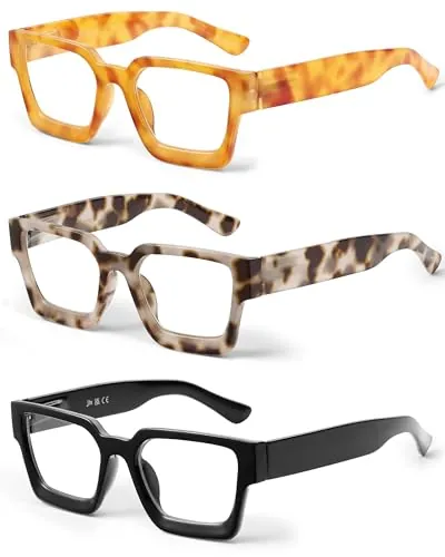 JM Paquete de 3 Gafas de Lectura Cuadrados, Gafas Presbicia con Bloqueo a Luz Azul Para Mujeres y Hombres +0.0