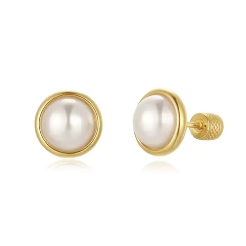 TIZU Pendientes de Perlas de Oro 14K para Mujer con Cierre de Rosca Perlas de Agua Dulce Cultivadas(10mm)