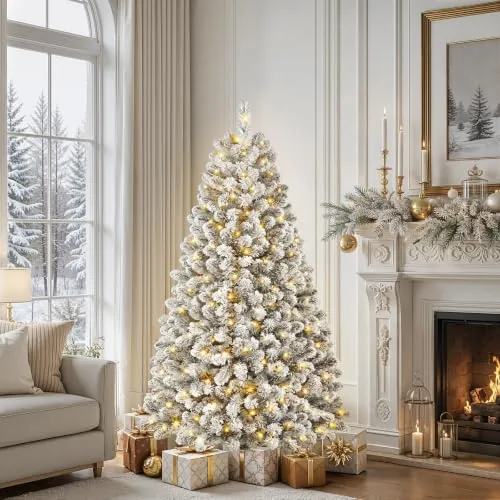 SHareconn Arbol de Navidad Nevado con Luces Incorporadas 150cm, 424 Puntas | 150 LED Blanco Cálido, 13 Modos de Luz, con Temporizador y Memoria, Base Metálica Plegable, para Casa/Oficina/Fiesta