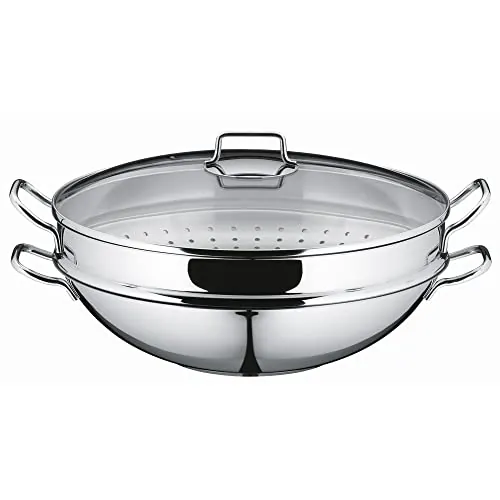 WMF Macao - Wok 36 cm Apto para Inducción de 4 Piezas, con Tapa de Cristal, Rejilla de Almacenamiento, Accesorio para Cocinar al Vapor, Acero Inoxidable Cromargan Pulido, Sin Revestimiento