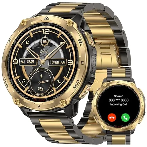 KOSPET Tank T4 Special Edition smartwatch, Reloj Robusto AMOLED 1,43” con GPS y mapas Offline, 10ATM para Buceo Libre, batería 50 días, Llamadas Bluetooth, FC para Android e iOS (2 Correas)-Dorado
