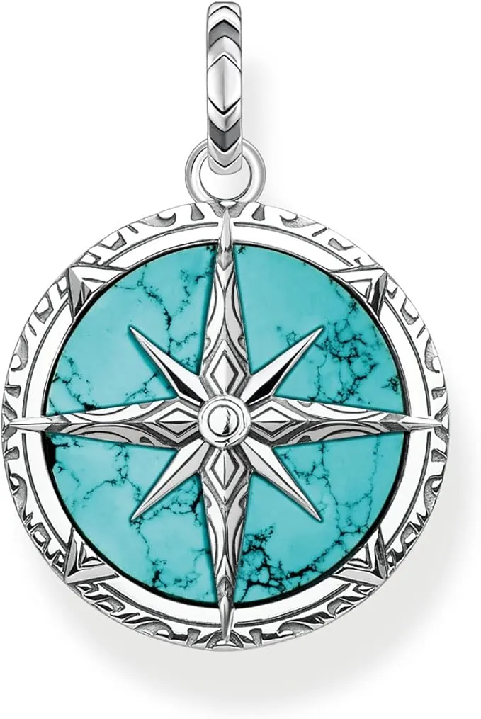THOMAS SABO Cadena para hombre con colgante de brújula, con incrustaciones de piedras preciosas de imitación de turquesa, plata de ley 925 ennegrecida, tamaño: 34 x 24 mm, PE833-878-17, H: ca. 34mm /