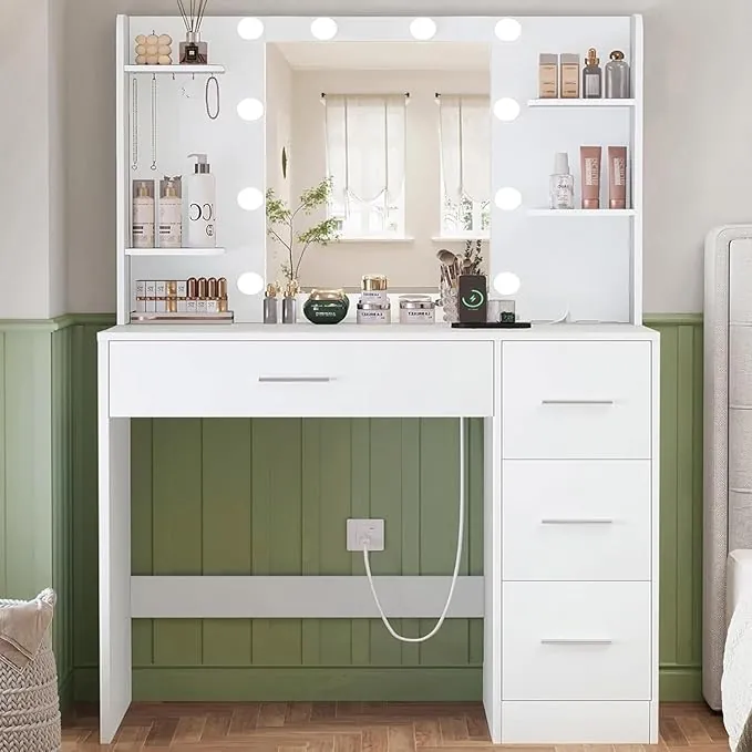 TEENFON Tocadorde Maquillaje, Mesa de Maquillaje con Luces y Espejo, Mesa de Maquillaje con 4 Estantes Abiertos, Blanco, Tocador con 4 Cajones+5 Ganchos para Joyas+Estación de Recarga