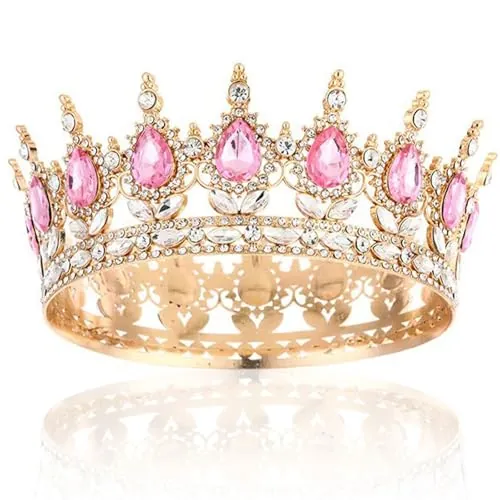 TENGWA Corona Elegante Tiara Dorado y Rosa Retro Tiaras Novia Barroco Crown Princess Brillante Corona de Cetro Ideal para Bodas Cumpleaños Bailes Fiestas Temáticas y Carnavales