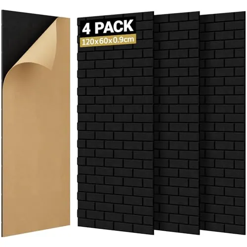 TONOR Lote de 4 paneles Acústicos con Forma de Ladrillo, 120 x 60 x 0,9 cm Espuma Acústica Autoadhesiva, Paneles Decorativos para Paredes de Salones, Dormitorios y Oficinas, Negro