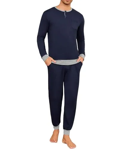 Leversic Pijamas Hombre Invierno Camisa Henley de Manga Larga Ropa de Dormir Sencilla en Color Liso Top y Pantalones Largos de Lounge con Bolsillos(Azul Oscuro+Gris,4XL)