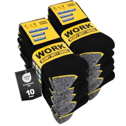 Effeet 10 Pares Calcetines de Trabajo Hombre, Ideales para Botas, WORK Socks Acolchados y Reforzados, Calcetines Funcionales y Transpirables con puño Cómodo