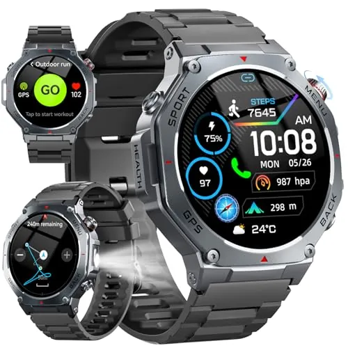Reloj Inteligente Hombre Militar con GPS y Linterna LED, 5ATM Smartwatch con Brújula llamadas Bluetooth Pulsómetro Oxímetro Sueño, 1.43"AMOLED Reloj Deportivo con 160+Modos Deportivos para IOS Android