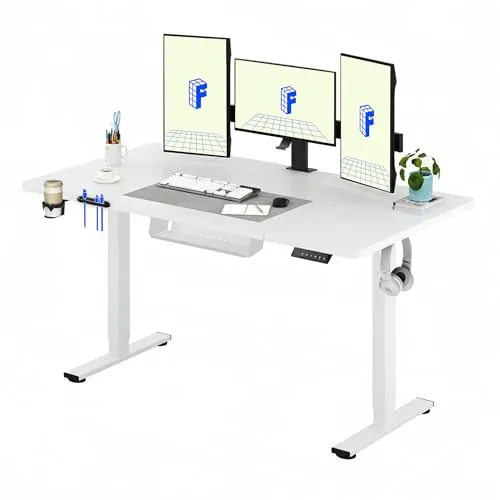 FLEXISPOT 160x60cm Escritorio Eléctrico Ajustable en Altura, Escritorio Elevable Eléctrico Standing Desk Escritorio para Computadora con Gancho, Función de Memoria, para Oficina y Dormitorio, Blanco