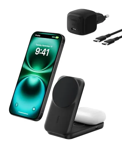 Belkin UltraCharge Cargador Inalámbrico Magnético 2 en 1 Qi2 25 W - Negro