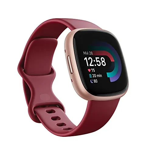 Google Fitbit Versa 4, el smartwatch que te ayuda a ponerte en forma, con 3 meses de suscripción al servicio Google Health Premium incluidos, hasta 6 días de batería, Rojo cereza/Aluminio rosa cobrizo