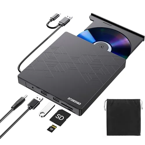 ORIGBELIE Grabadora CD DVD Externa, Ultra Delgado USB 3.0 Tipo C CD/DVD ROM +/-RW Drive con Puerto USB Lector DVD Externo para PC, Portátil, Escritorio, iMac, Windows 11/10/8/7/XP, Linux, Mac OS