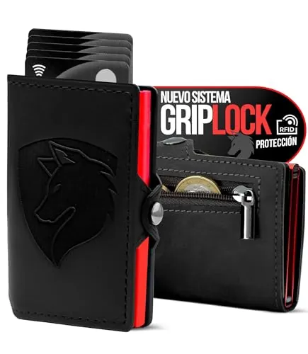 TMillions Cartera Tarjetero Hombre RFID con Sistema GripLock® Billetera Inteligente con Monedero Bloqueo Antirrobo NFC – Porta Tarjetas Automatico Pop-Up para 6 hasta 12 Tarjetas Credito y DNI