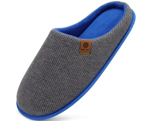 ONCAI Zapatillas Casa Hombre Espuma de Memoria Algodón con Pantuflas de Estar de Imitación Forro de Sintética para Invierno Interiores y Exteriores Suela de Goma Antideslizante Gris/Azul Talla 43