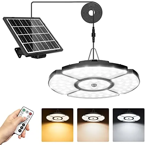 MEIHUA Luz Solar Colgante Exterior 76 LED 2500-6500K 5 Modos Temporizador | Lámpara Solar Sensor De Movimiento Control Remoto RF Carga Solar O Tipo C Para Granero CTaller Granja Jardín Cable 5M