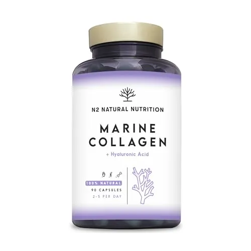 Colageno Marino Hidrolizado Puro. Peptan. Con Ácido Hialurónico y Vitamina C. 90 Caps. Alta Concentración. Suplemento Articulaciones, Piel y Huesos. Colageno con Magnesio. N2 Natural Nutrition