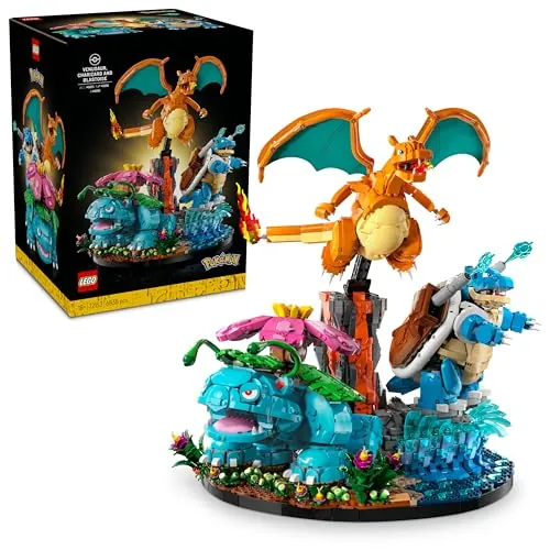 LEGO Pokémon Venusaur, Charizard y Blastoise - Puzle 3D para Adultos - 3 Figuras Anime Articuladas con Biomas - Decoración para la Estantería - Regalo Gamer para Hombres y Mujeres Fans - 72153