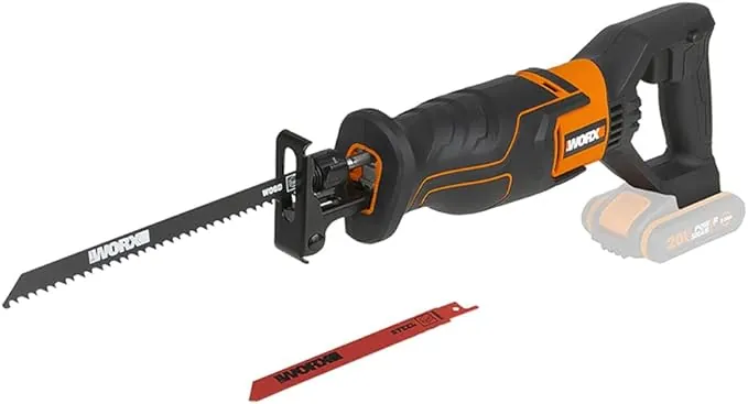 WORX WX500.9 Sierra de sable 20V PowerShare, Sin batería, ni cargador, Control de velocidad variable, Cambio de cuchillas sin herramientas, Patín pivotante ajustable