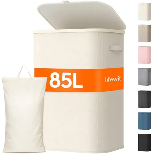 Lifewit Cesto Ropa Sucia, Cesta Ropa Plegable con Bolsa Extraíble y Asa, Cubo Ropa Sucia con Tapa, Laundry Basket para Dormitorio, Baño, Lavandería, Dormitorio, 85 L, Blanco